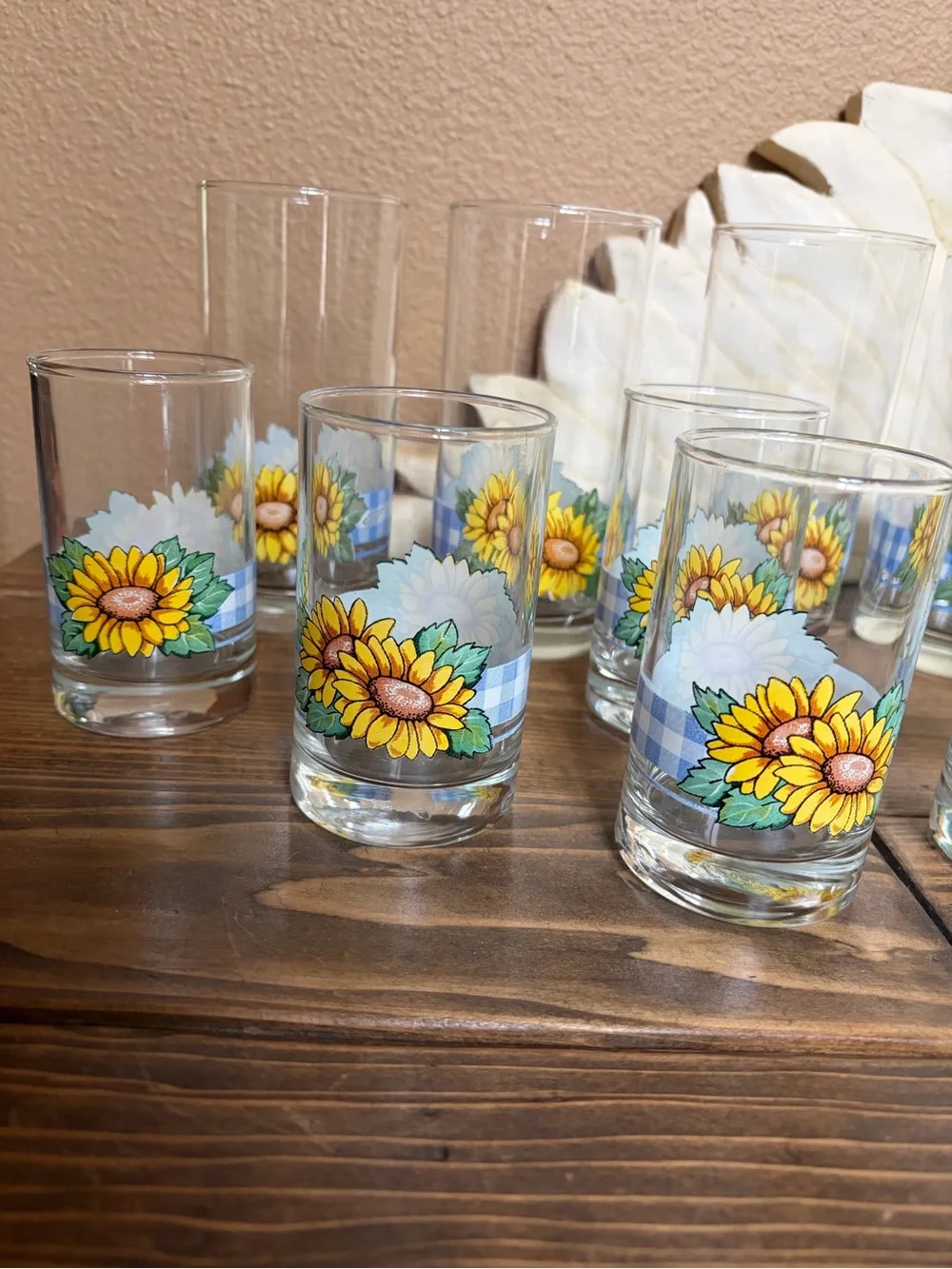 Corelle Vintage Sunflower Blue Plaid Print Drinking Glasses lot of 10!